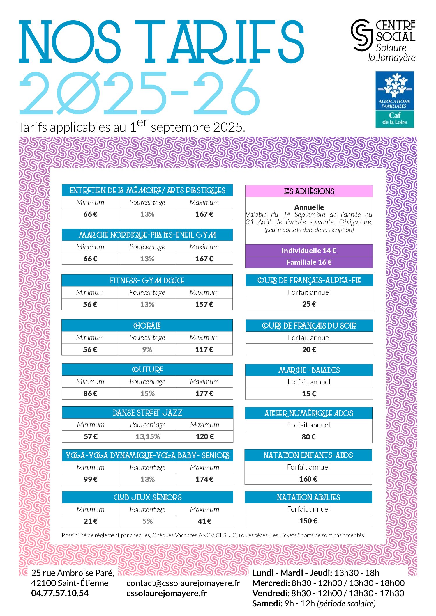 Nos tarifs 2025-26