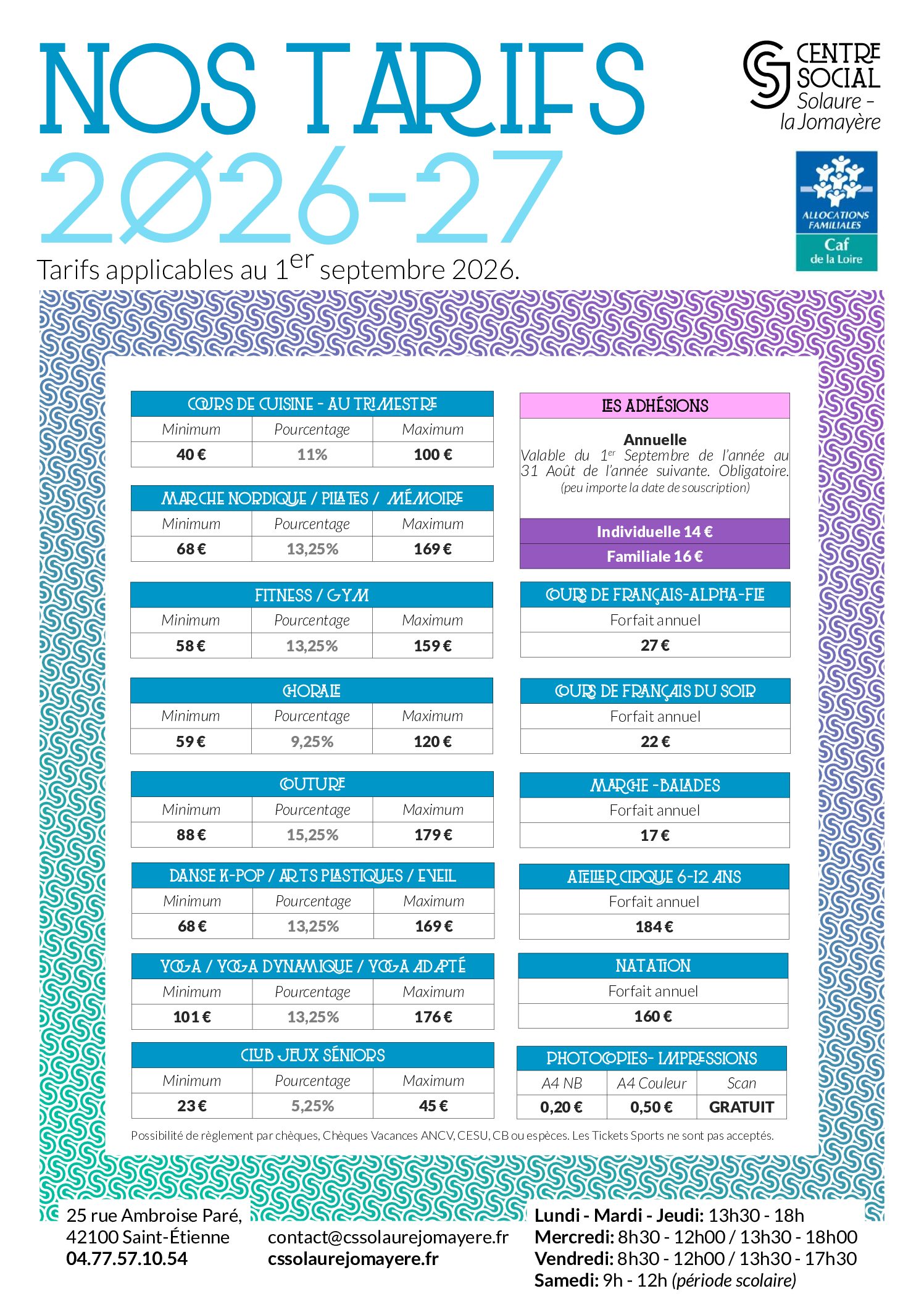 Nos tarifs 2026-27
